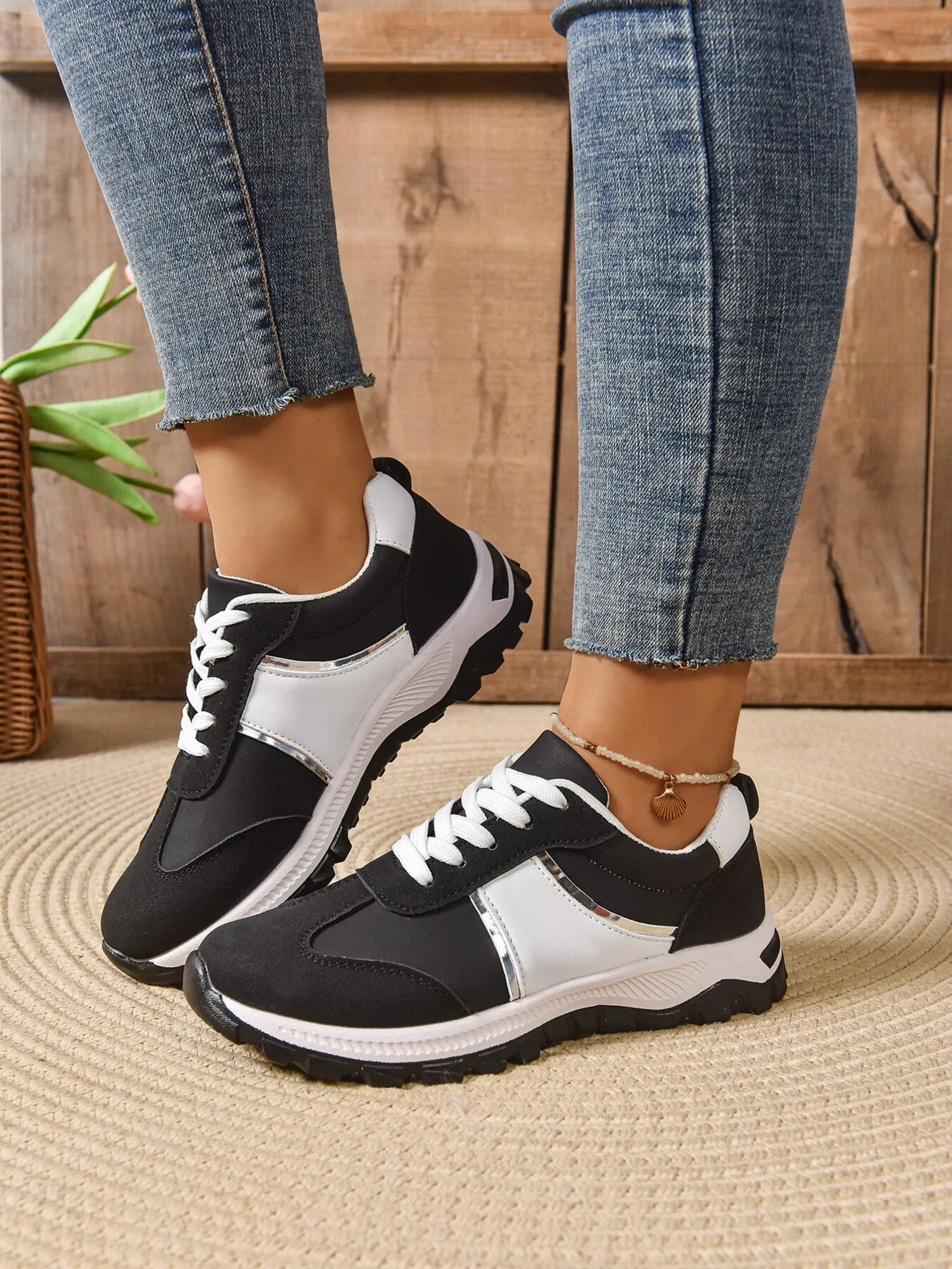 Contrast Lace Up Sneakers - Tigbul's Variety Fashion Shop