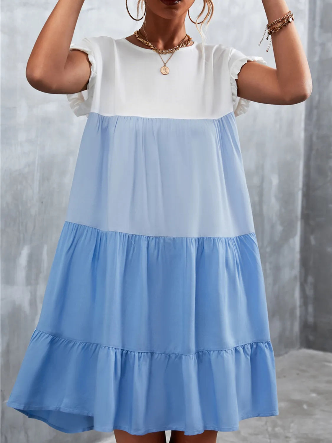 Color Block Round Neck Short Sleeve Dress - Tigbul's Variety Fashion Shop
