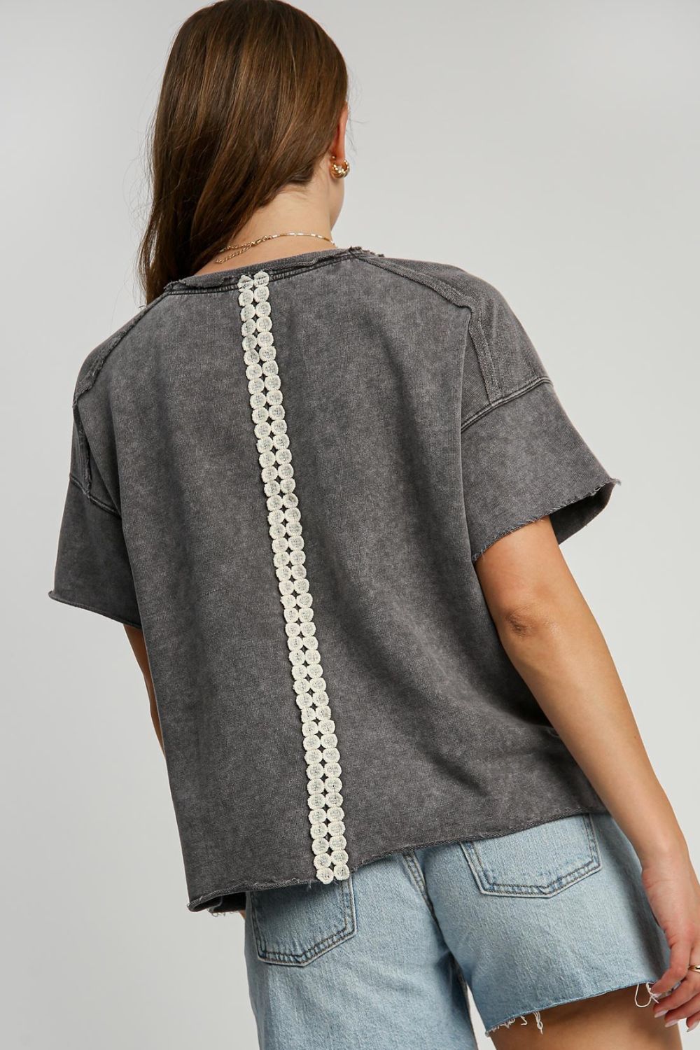 Umgee Full Size Mineral Wash T-Shirt with Lace Applique Plus Size - Tigbul's Variety Fashion Shop