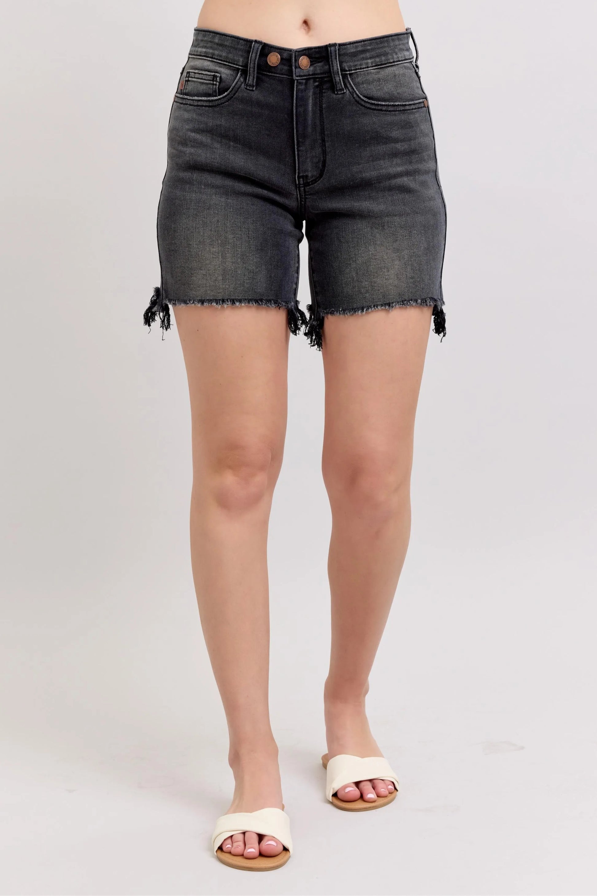 Judy Blue Full Size Long Cut Off 2 Button Dad Denim Shorts Plus Size - Tigbul's Variety Fashion Shop