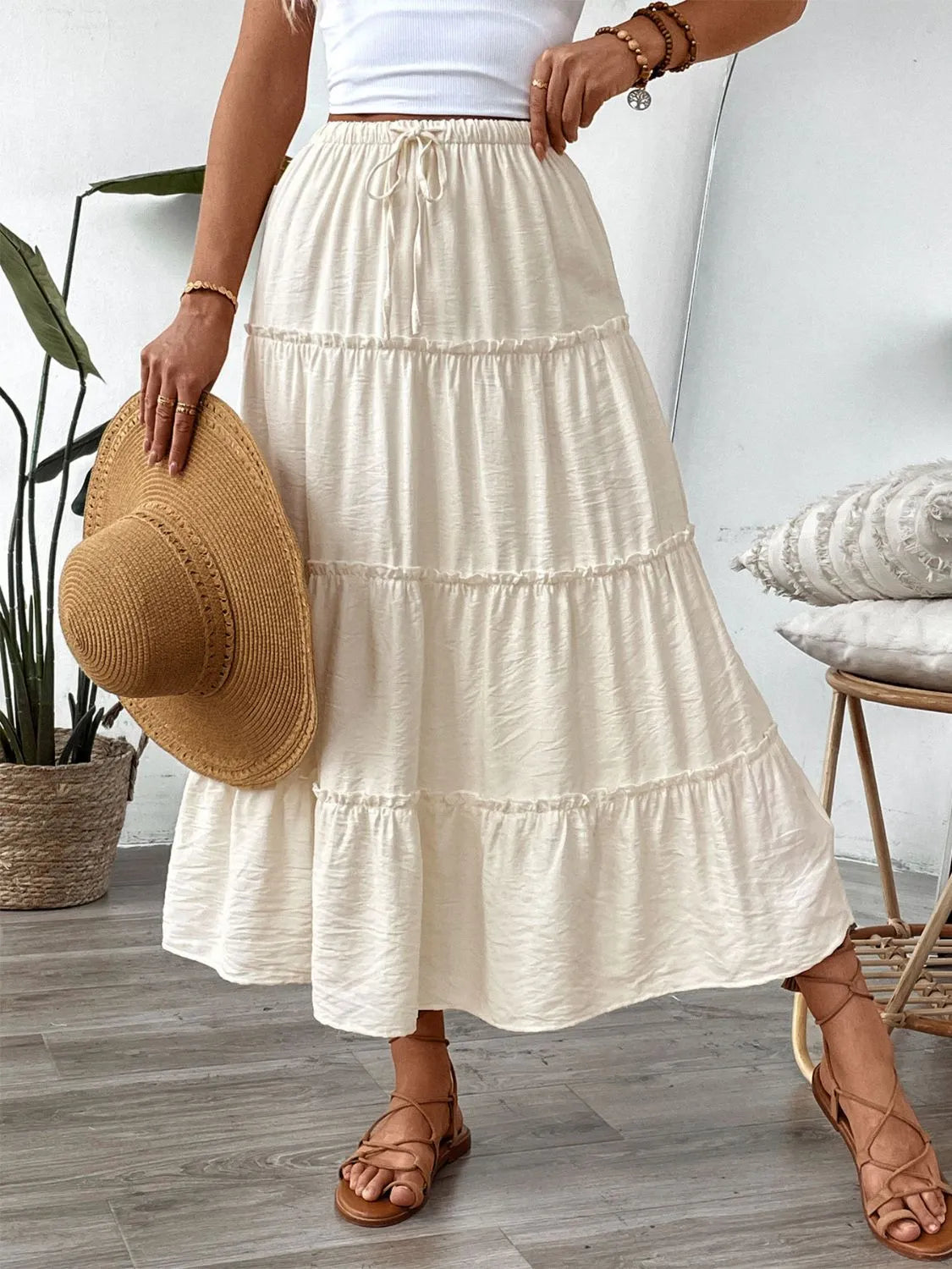 Drawstring Frill Tiered Cream Color Skirt - Tigbul's Variety Fashion Shop