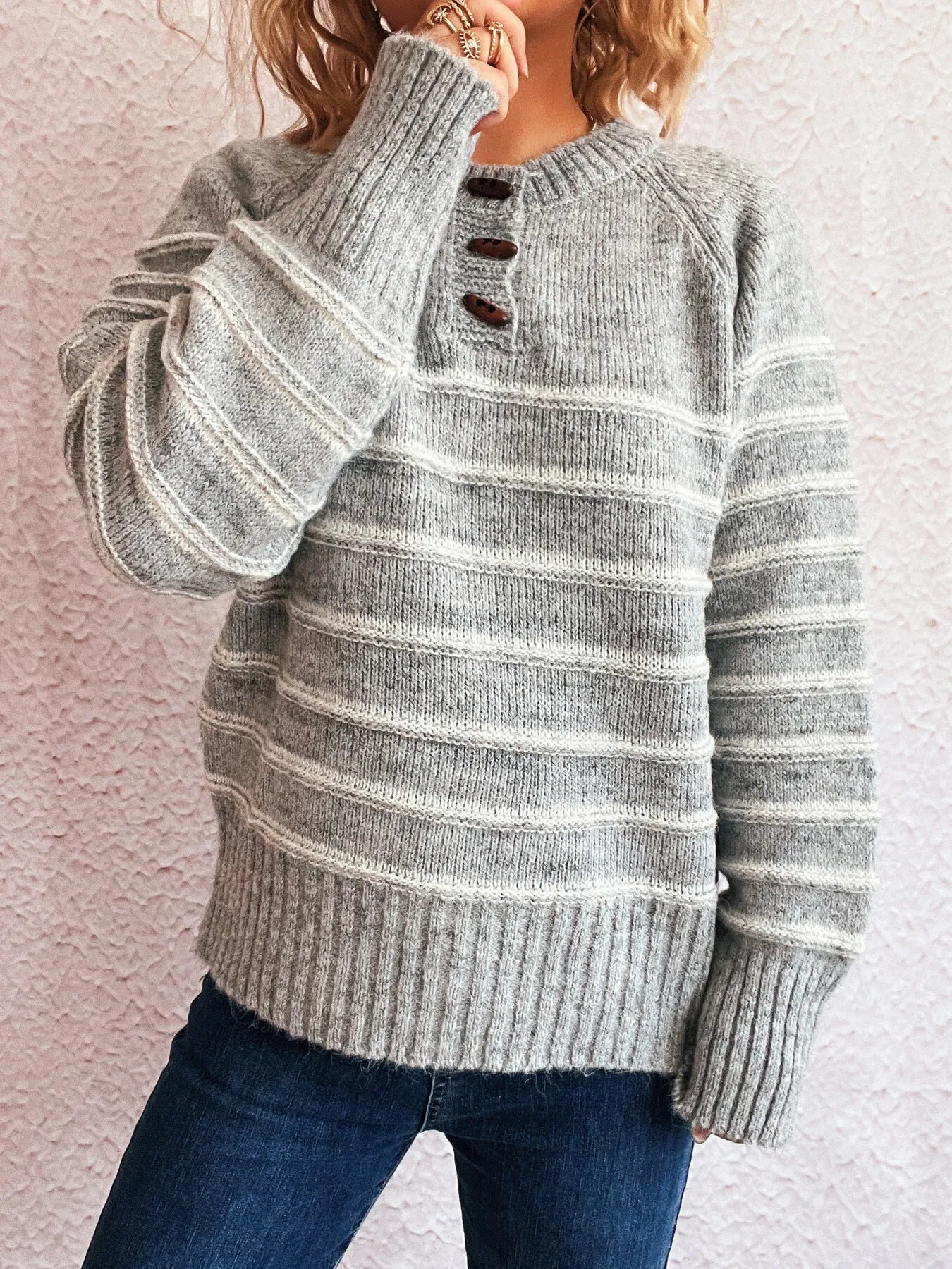 Striped Button Detail Long Sleeve Sweater - Tigbul's Variety Fashion Shop