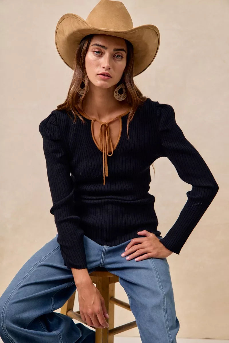 BiBi Ribbed Contrast Front Tied Top with Shrried - Tigbul's Variety Fashion Shop
