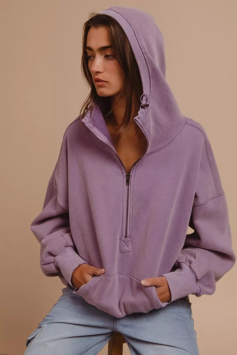 BiBi Stitch Detailed Elastic Hem Half Zip Fleece Hoodie - Tigbul's Variety Fashion Shop