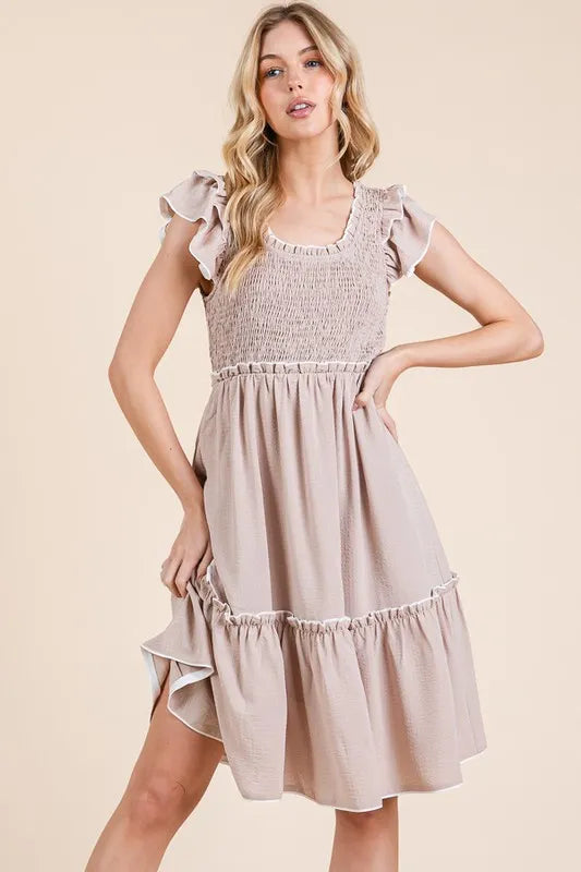 Taupe Color Ruffle Trim Smocked Dress - Tigbul's Variety Fashion Shop