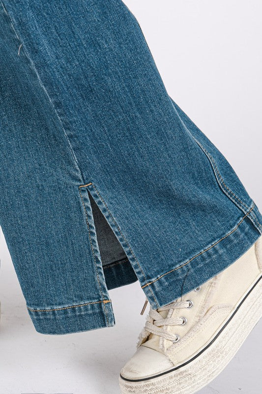 Blue Medium Wash Seam Detail Wide Leg Denim Jeans - Tigbul's Variety Fashion Shop