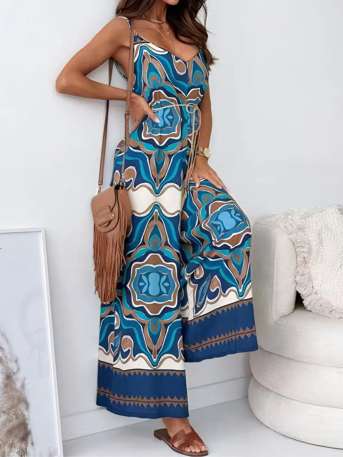 Printed V-Neck Wide Leg Jumpsuit - Tigbul's Variety Fashion Shop