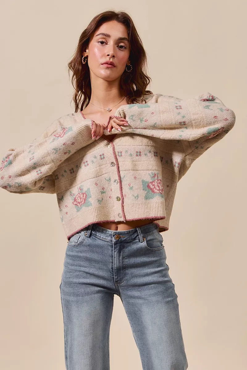 SO ME Floral Pattern Long Sleeve Button Sweater Cardigan - Tigbul's Variety Fashion Shop