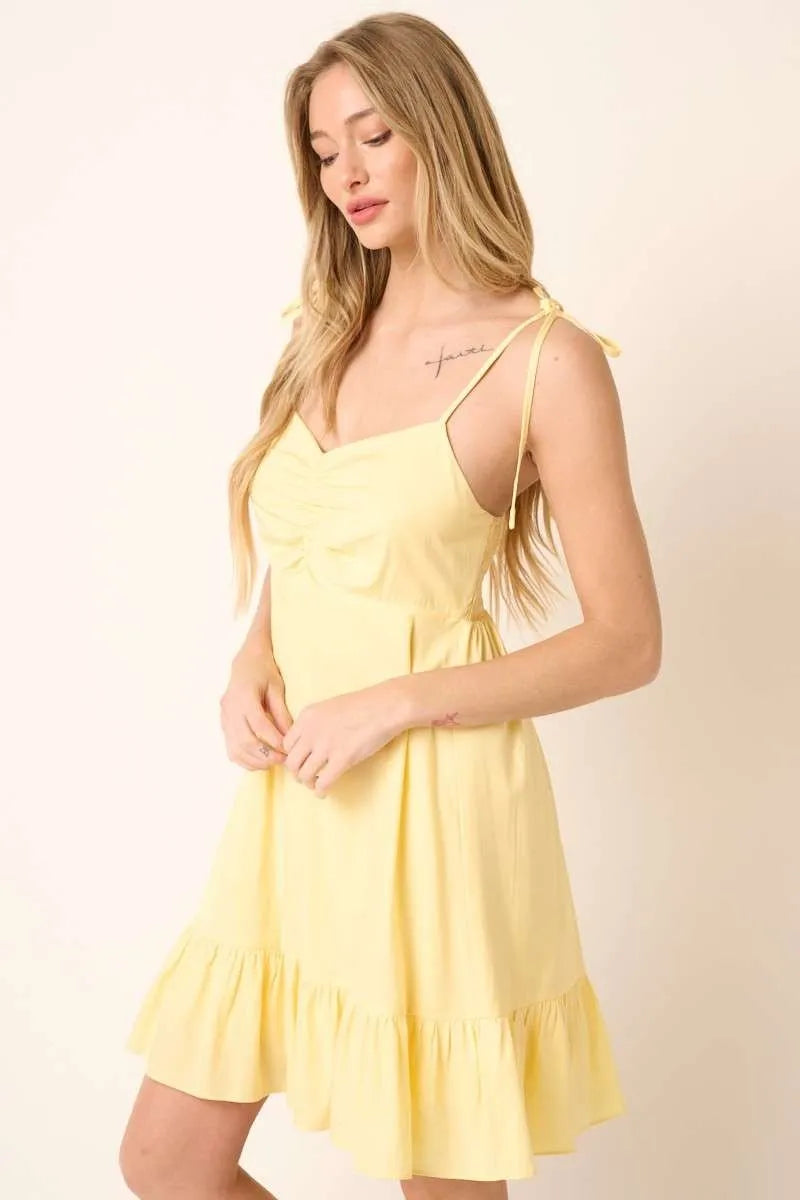 Yellow Ruched Detail Spaghetti Tie Mini Dress - Tigbul's Variety Fashion Shop