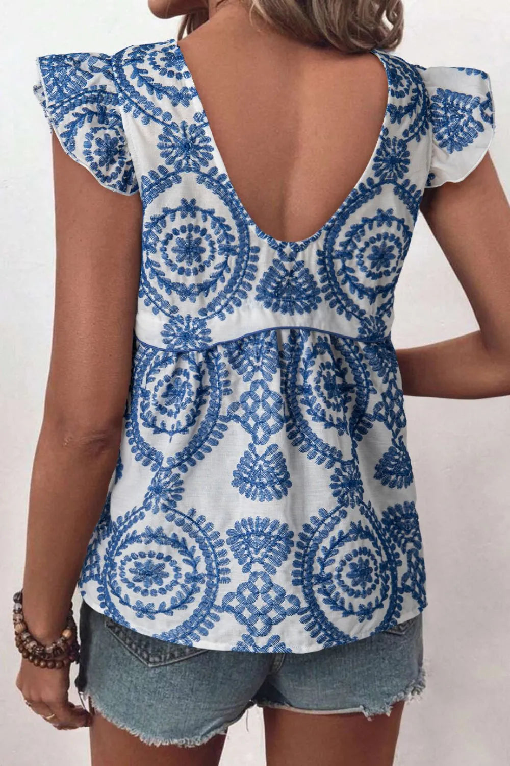 Boho Print Ruffled Cap Sleeve Crew Neck Blue Blouse - Tigbul's Variety Fashion Shop