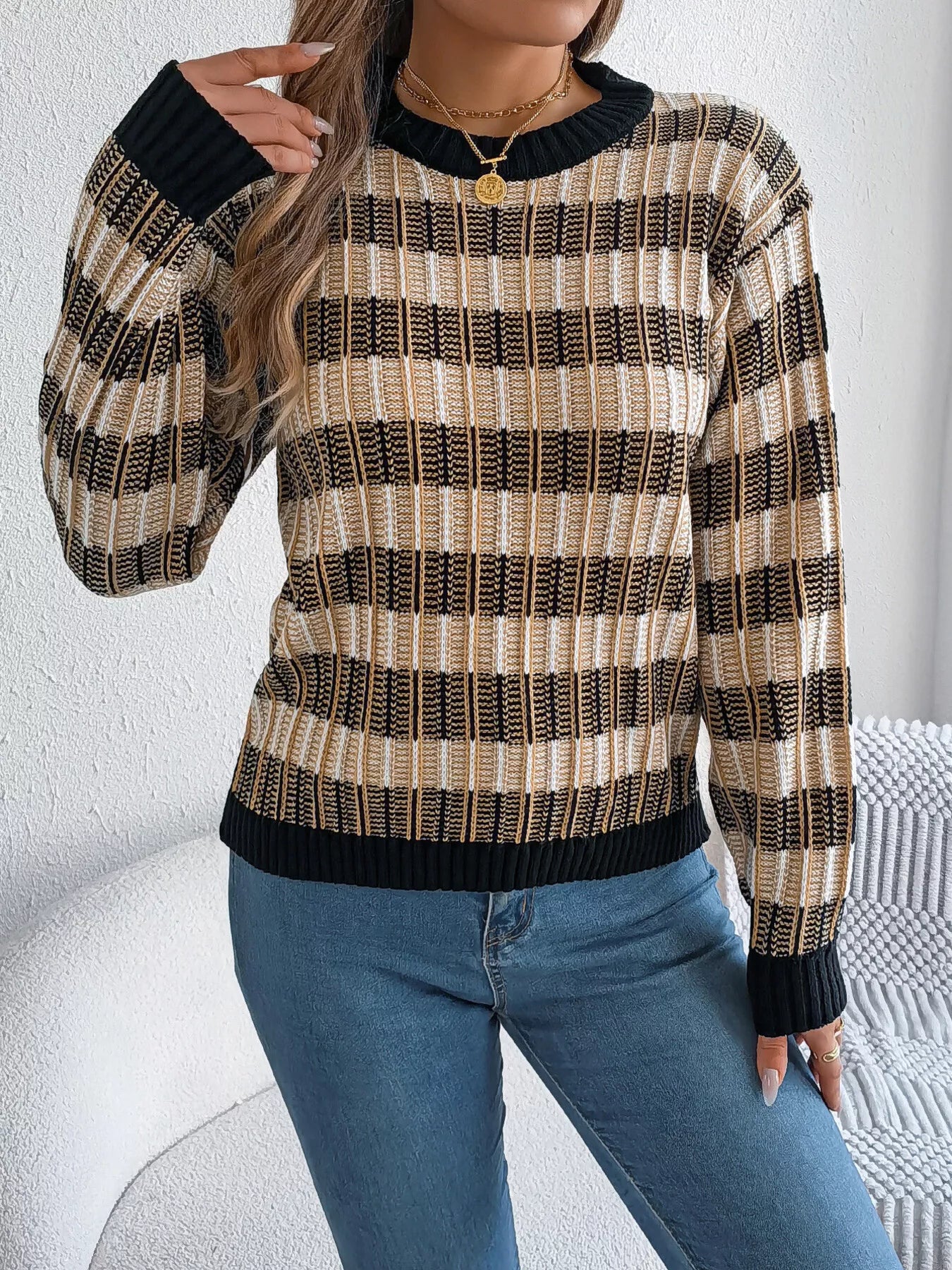 Striped Round Neck Long Sleeve Sweater - Tigbul's Variety Fashion Shop