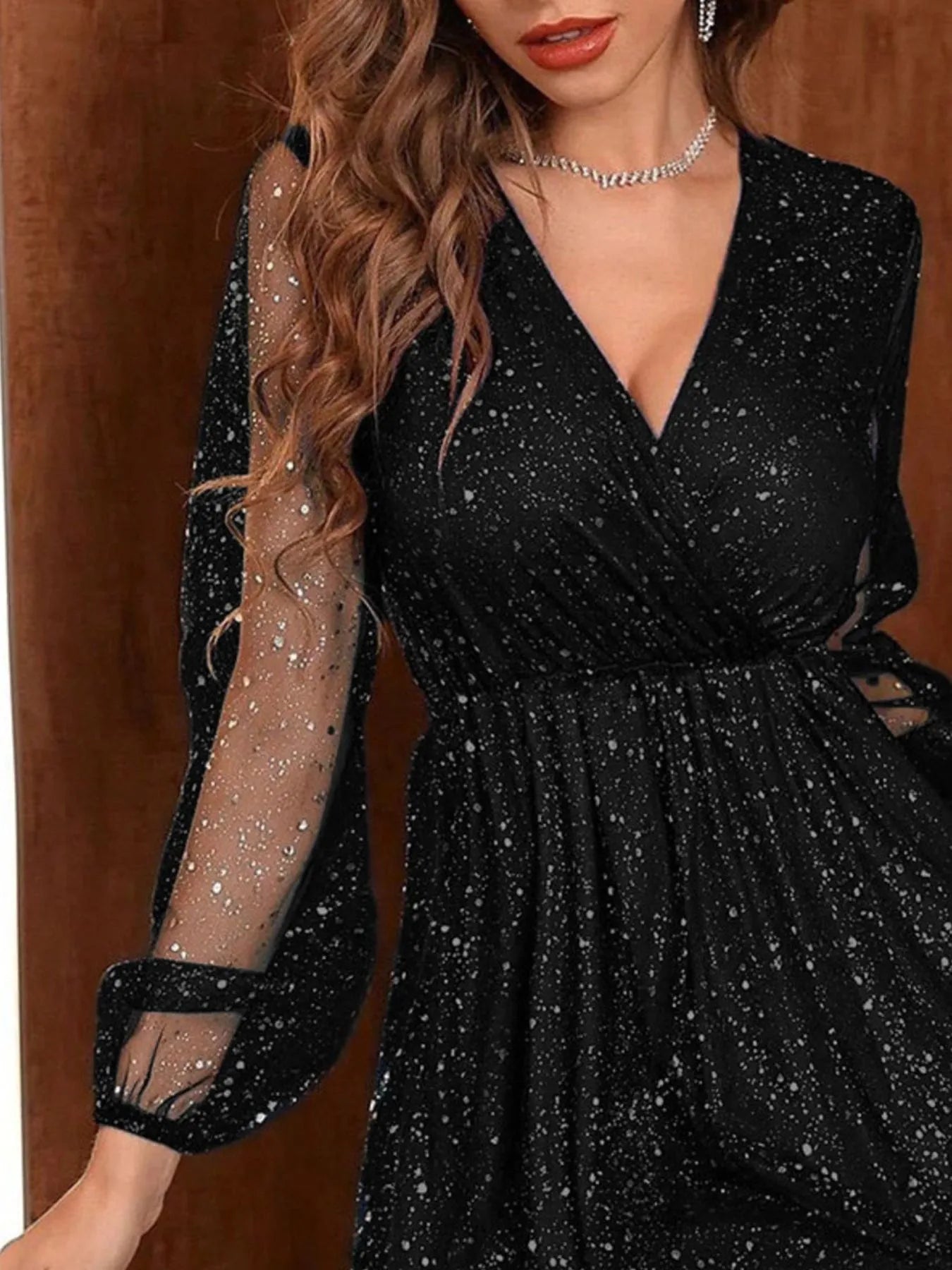 Sparkling Surplice Balloon Sleeve Mini Dress - Tigbul's Variety Fashion Shop