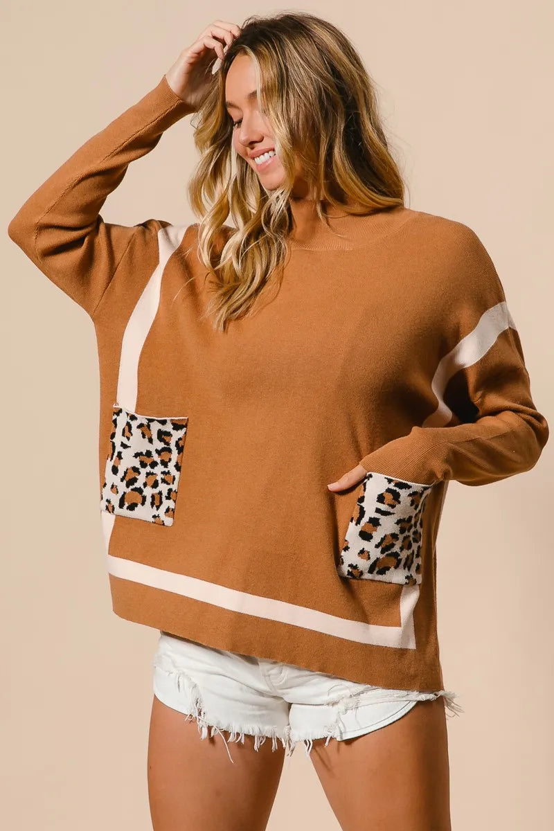 BiBi Mock Neck Sweater with Leopard Pocket - Tigbul's Variety Fashion Shop