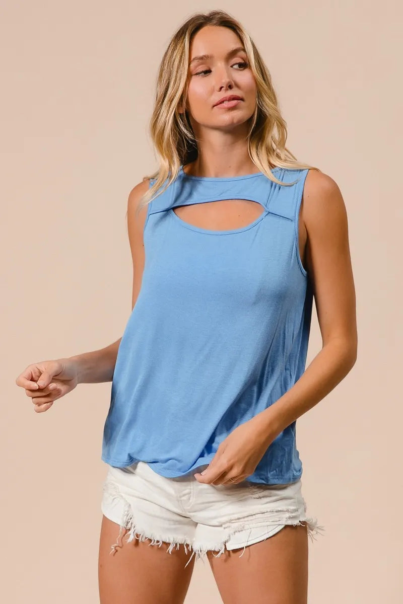 Blue Rayon Span Knit With Cut Out Front Sleeveless Top - Tigbul's Variety Fashion Shop