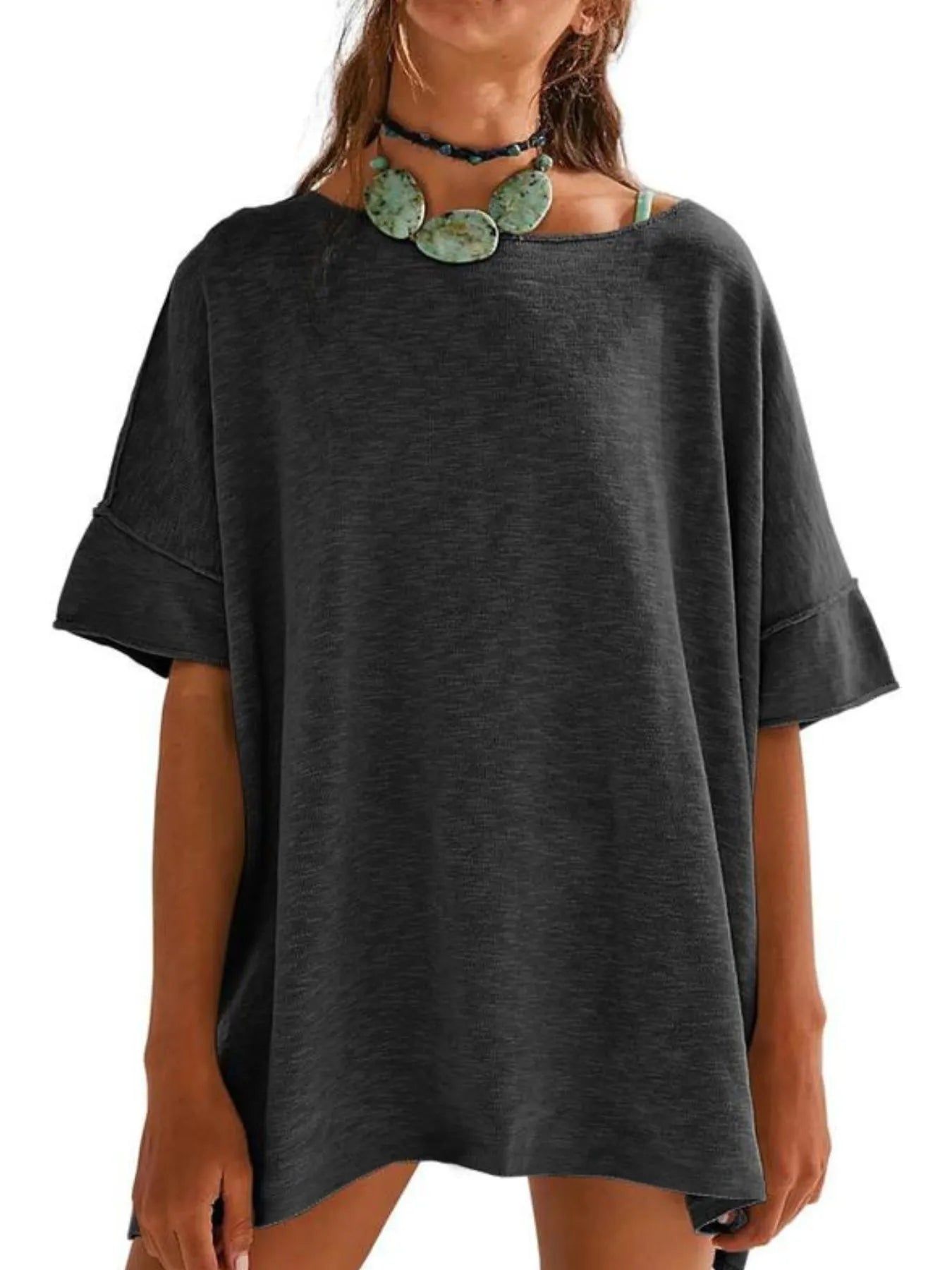 Oversized Round Neck Drop-Shoulder T-Shirt - Tigbul's Variety Fashion Shop