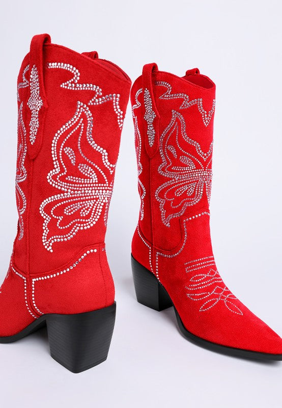 Latafa Rhinestones Embellished Cowboy Boots - Tigbul's Variety Fashion Shop