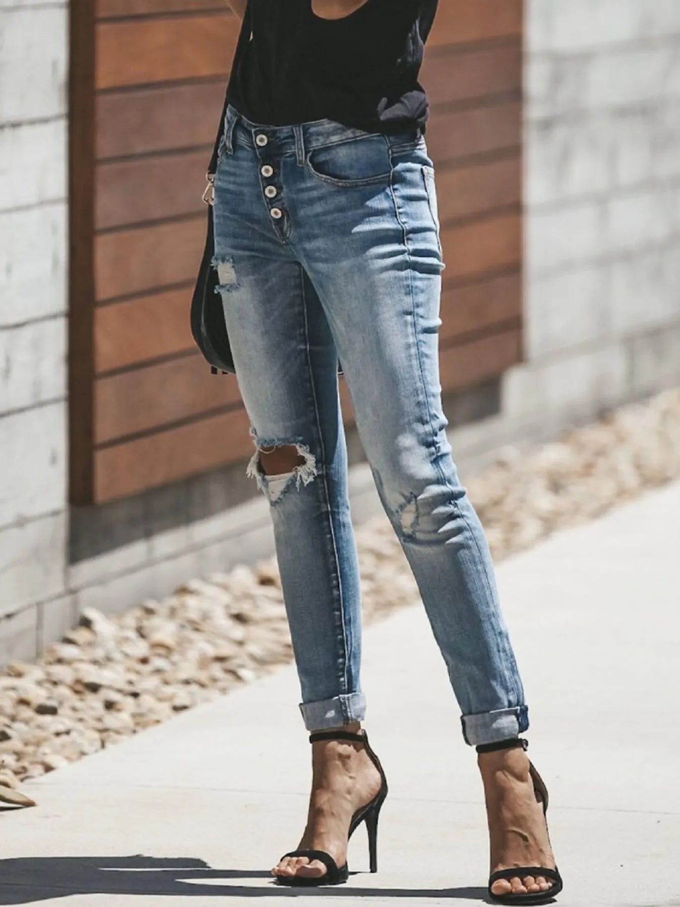 Distressed Button-Fly Skinny Jeans - Tigbul's Variety Fashion Shop