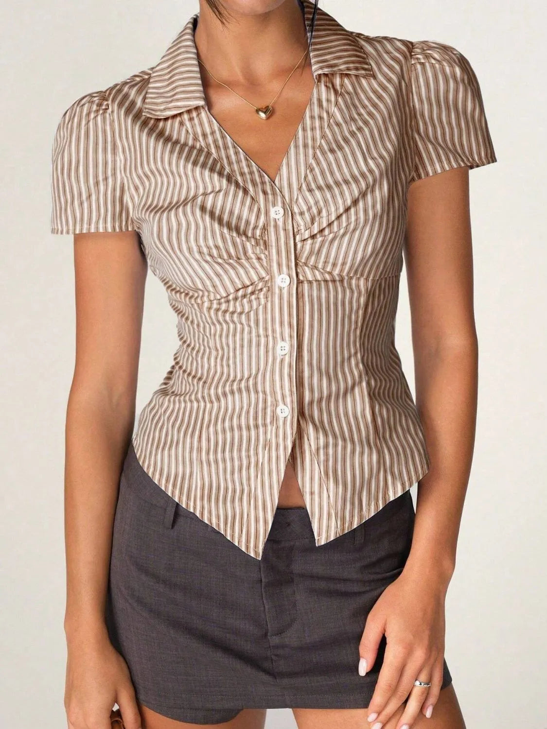 Striped Collared Neck Short Sleeve Shirt - Tigbul's Variety Fashion Shop