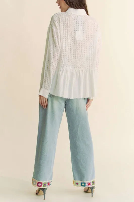 White Garment Washed Jacquard Button Front Shirt - Tigbul's Variety Fashion Shop