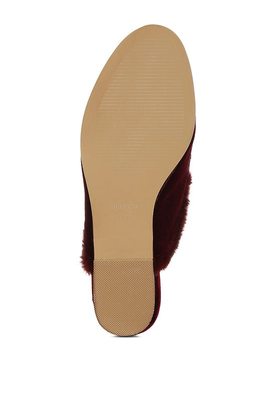 Seyhan Fur Detail Velvet Slip-On Mules - Tigbul's Variety Fashion Shop