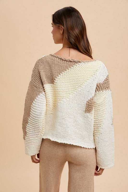 Taupe Color Block Drop Shoulder Sweater - Tigbul's Variety Fashion Shop