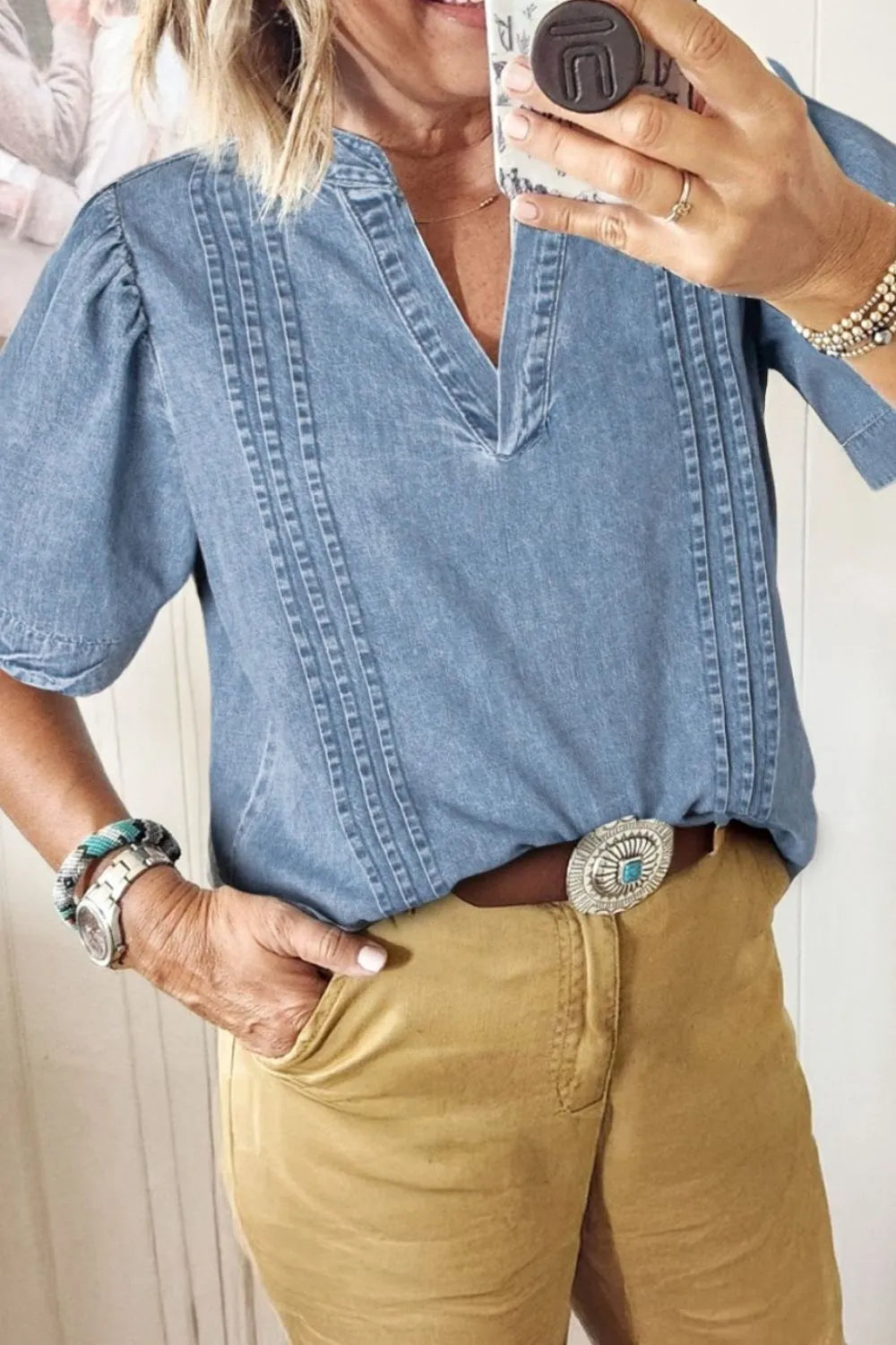 Casual Notched Puff Sleeve Denim Top - Tigbul's Variety Fashion Shop