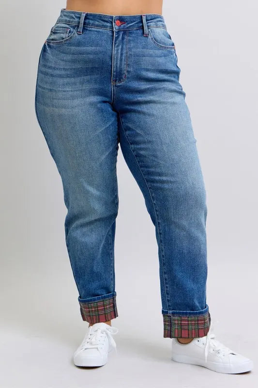 Judy Blue Full Size Mr Plaid Print Cuff Bf Jeans Plus Size - Tigbul's Variety Fashion Shop