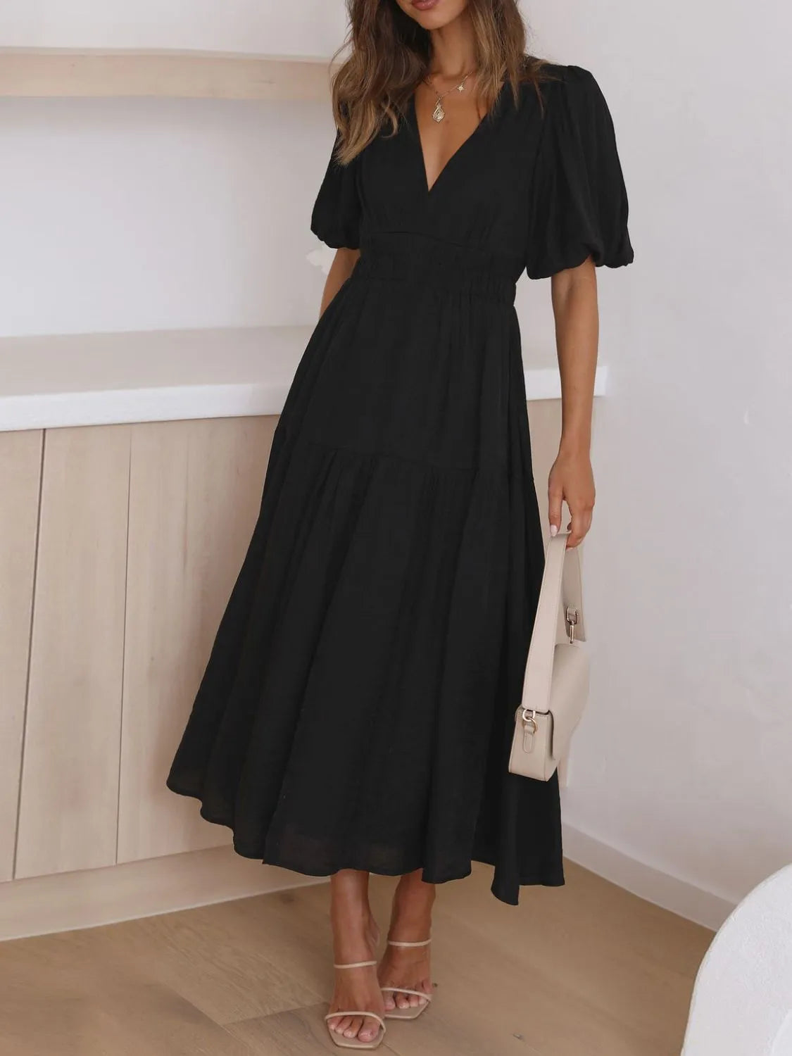 V-Neck Puff Sleeve Midi Dress - Tigbul's Variety Fashion Shop