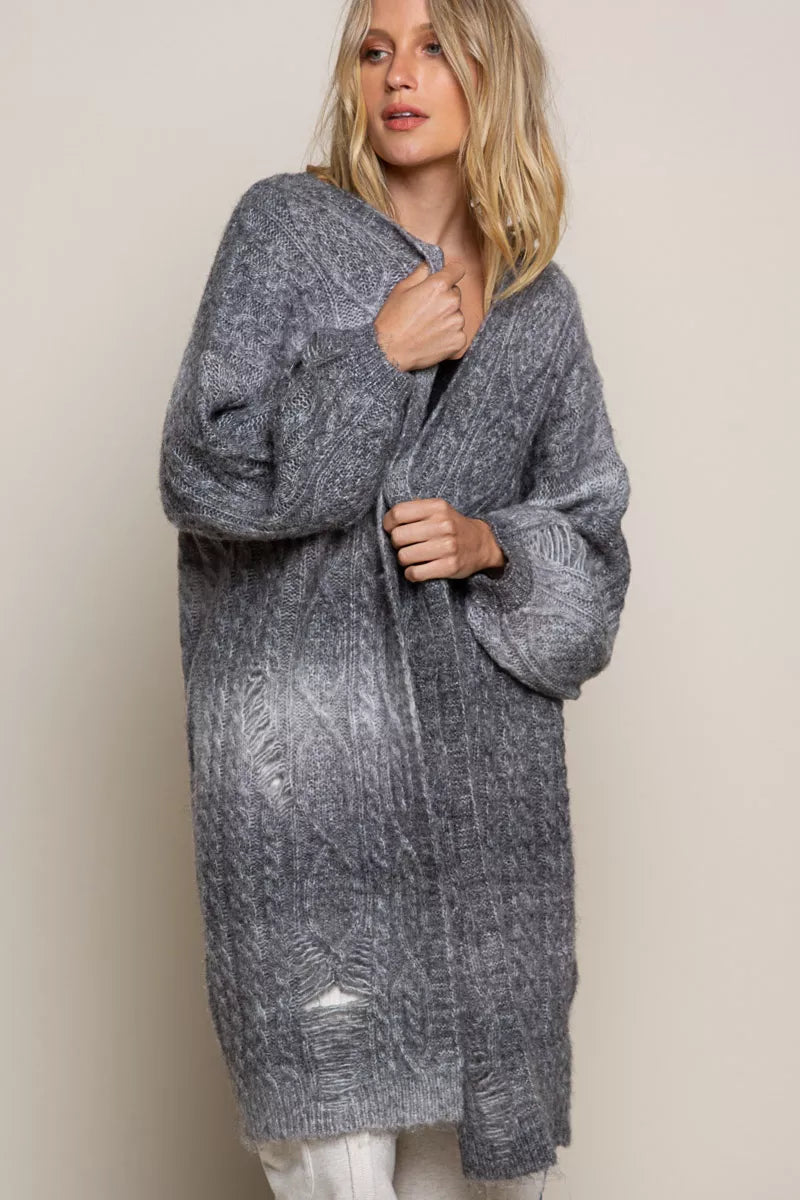POL Distressed Cable-Knit Ombre Dying Cardigan - Tigbul's Variety Fashion Shop