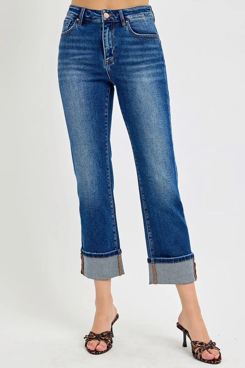 RISEN High Rise Ankle Straight Cuffed Jeans - Tigbul's Variety Fashion Shop