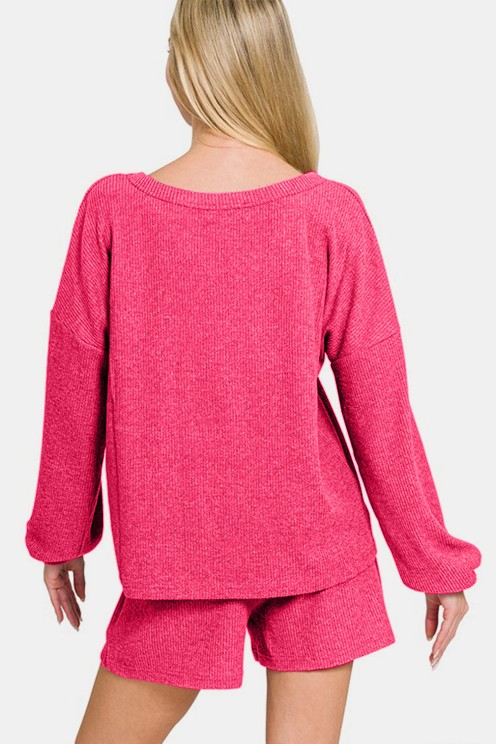 Pink V-Neck Long Sleeve Ribbed Top and Shorts Set - Tigbul's Variety Fashion Shop