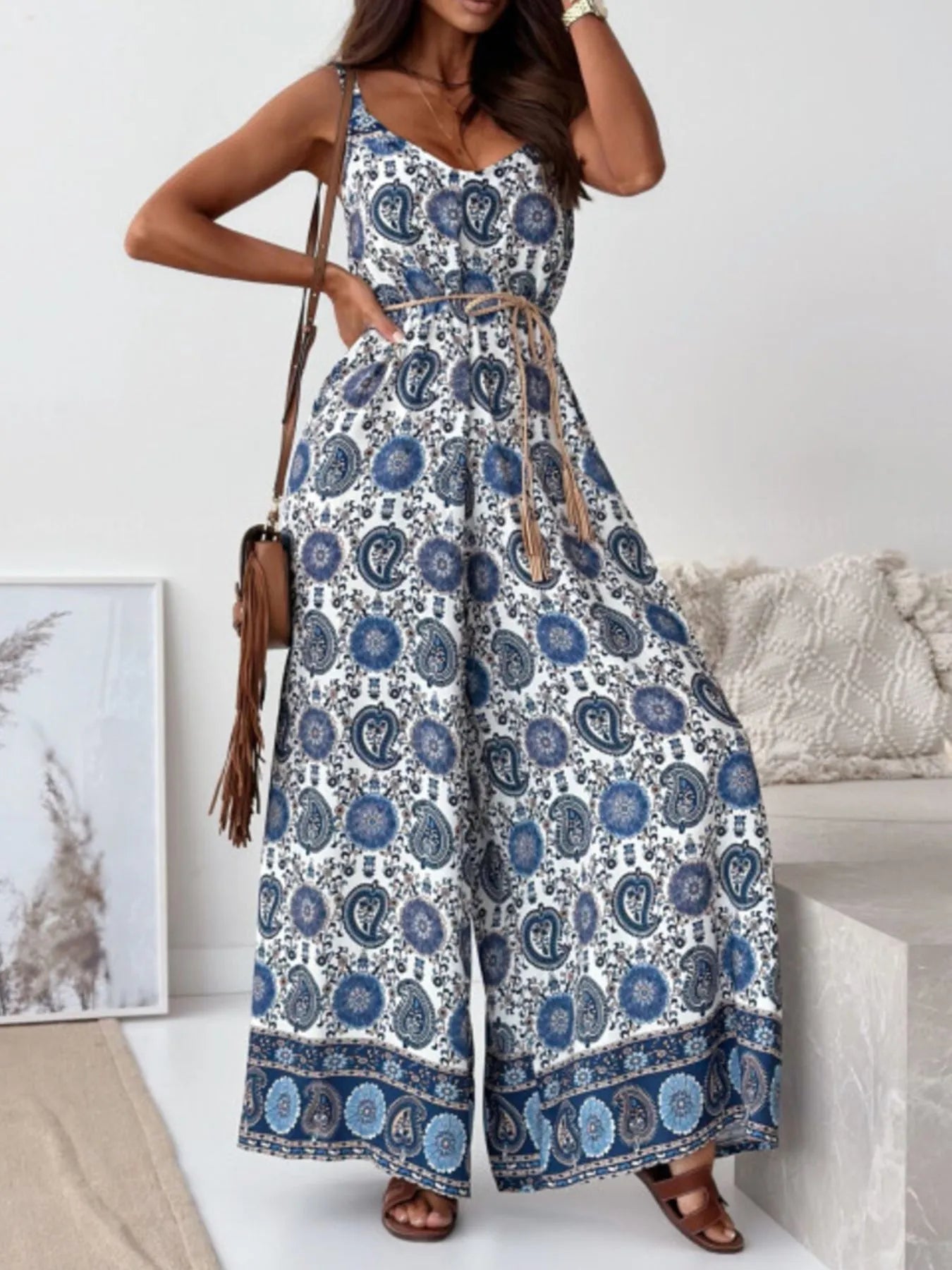 Paisley Print Spaghetti Strap Wide Leg Jumpsuit - Tigbul's Variety Fashion Shop