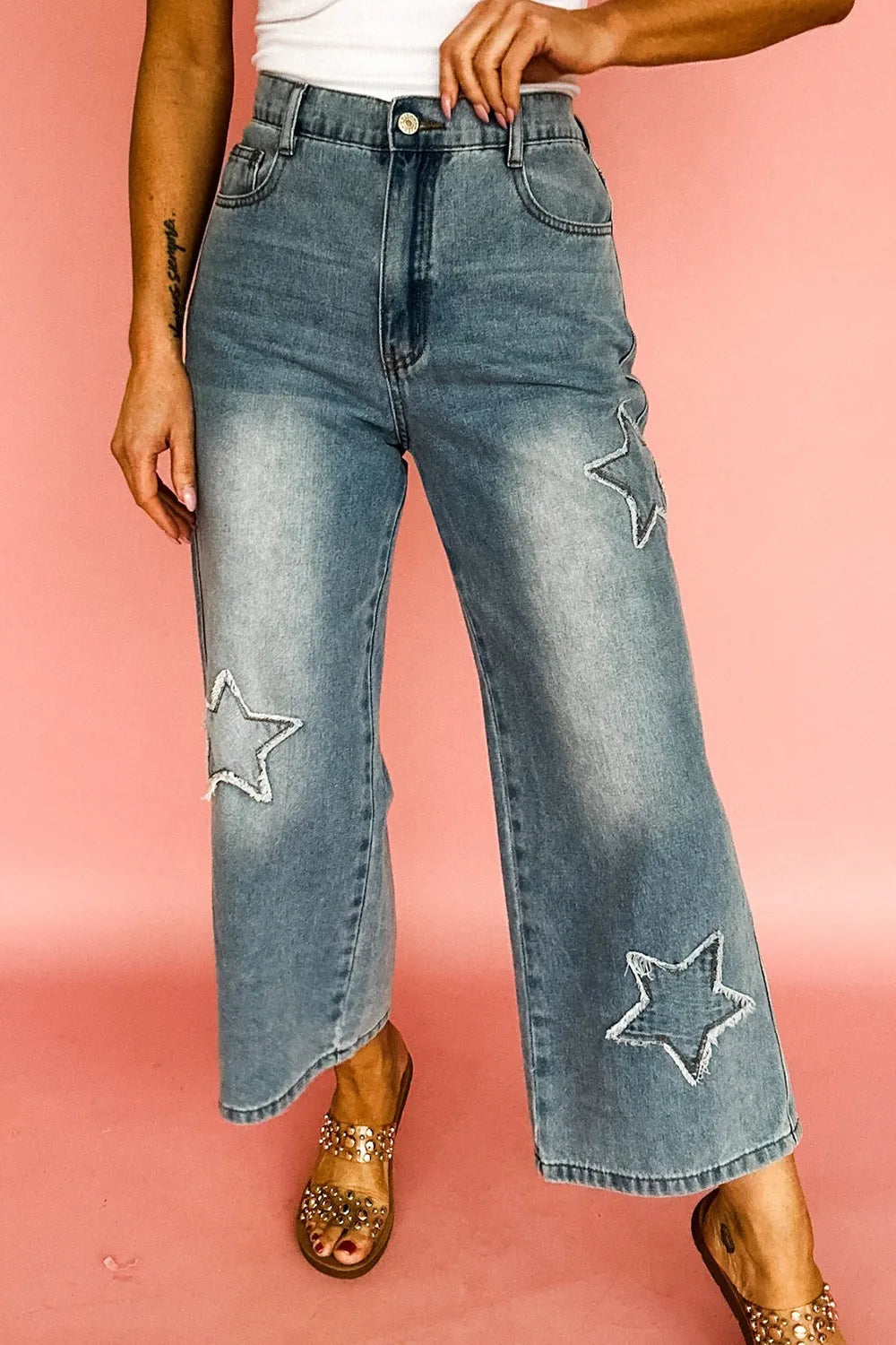 Star Embroidered High Waist Wide Leg Jeans - Tigbul's Variety Fashion Shop