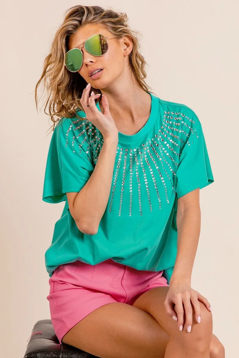 Rhinestone Beaded Short Sleeve Jade Green Top - Tigbul's Variety Fashion Shop