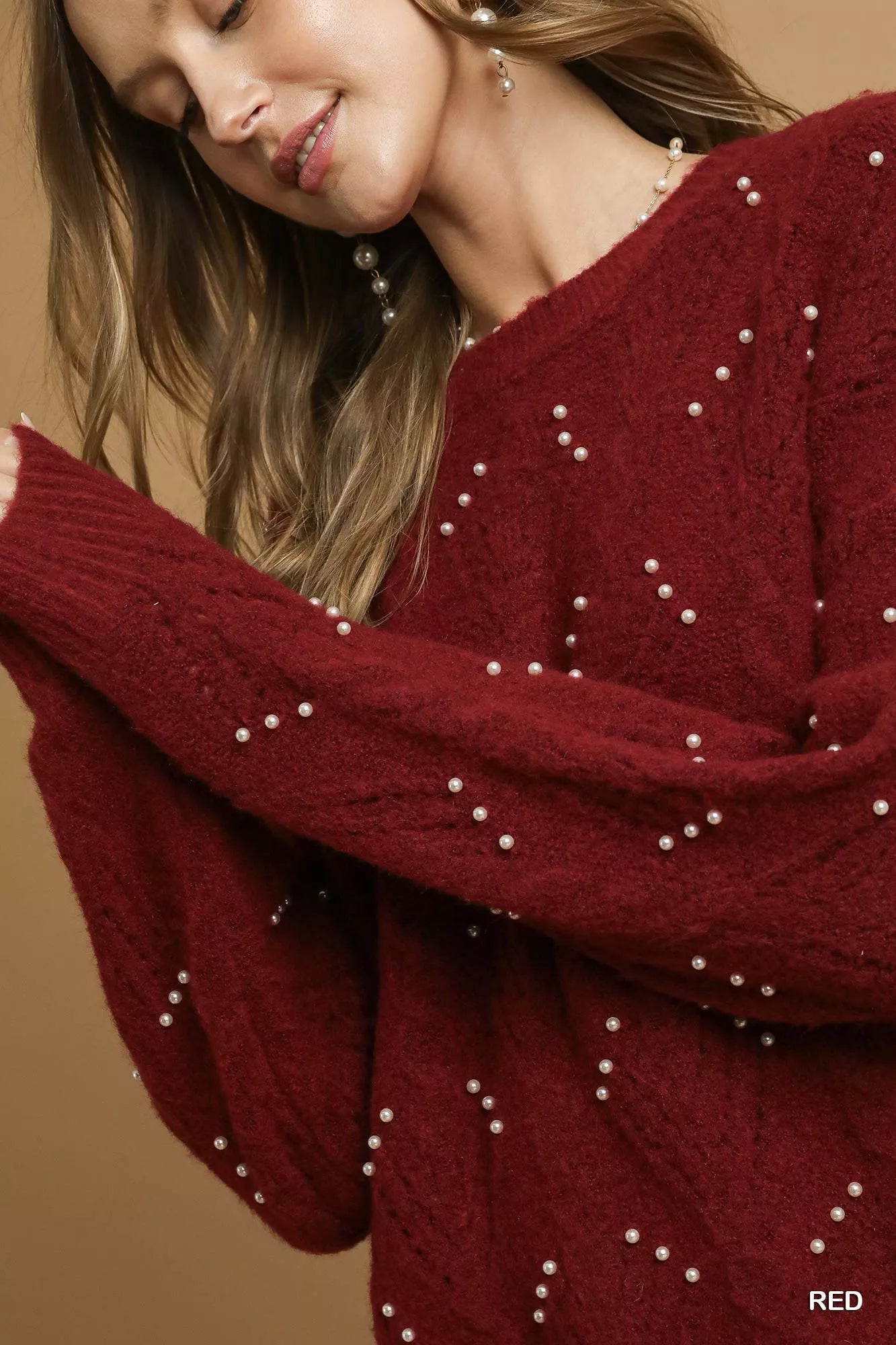 Umgee Pearl-Embellished Long Sleeve Sweater - Tigbul's Variety Fashion Shop