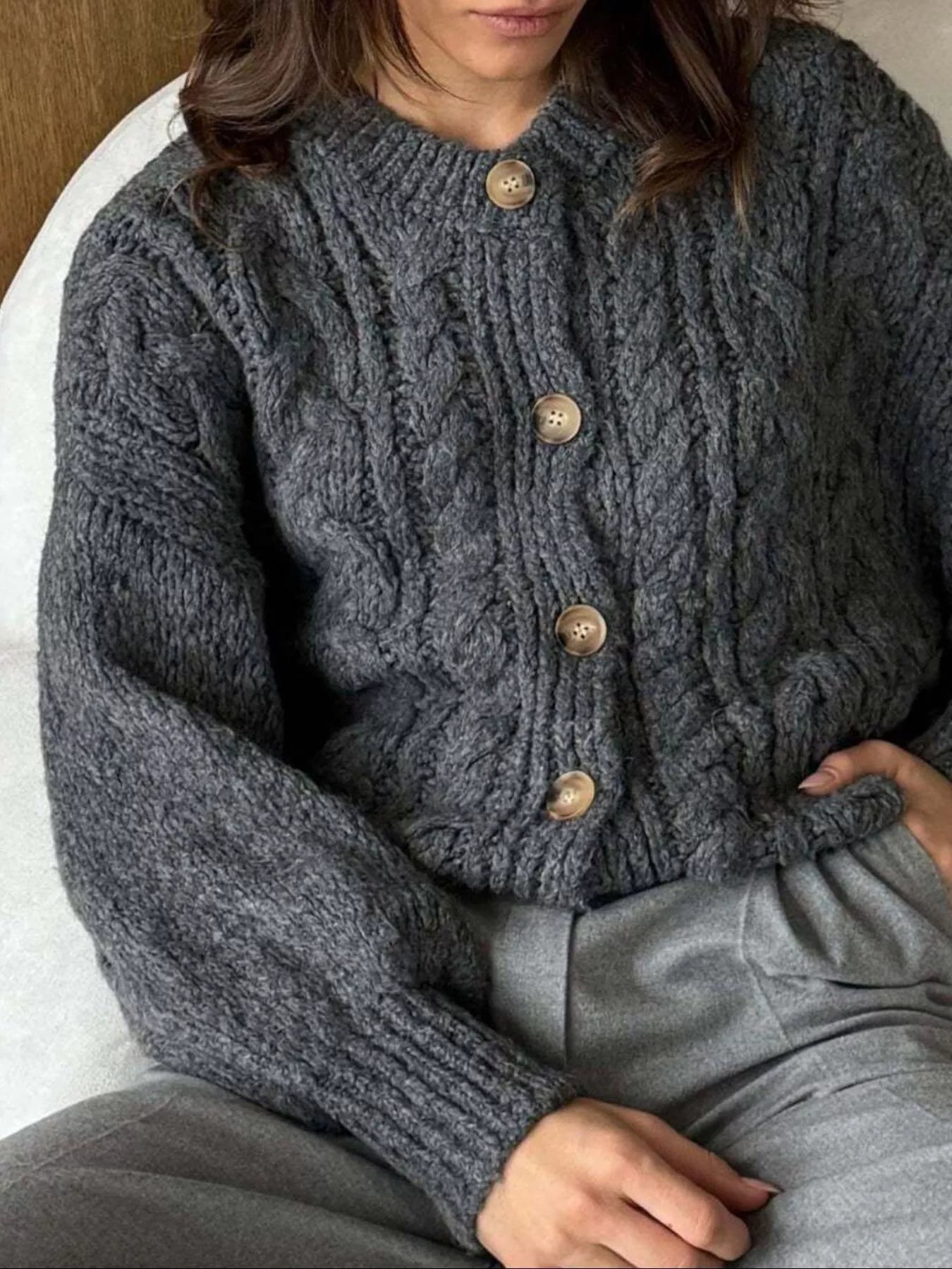 Cable Knit Button-Down Cardigan - Tigbul's Variety Fashion Shop