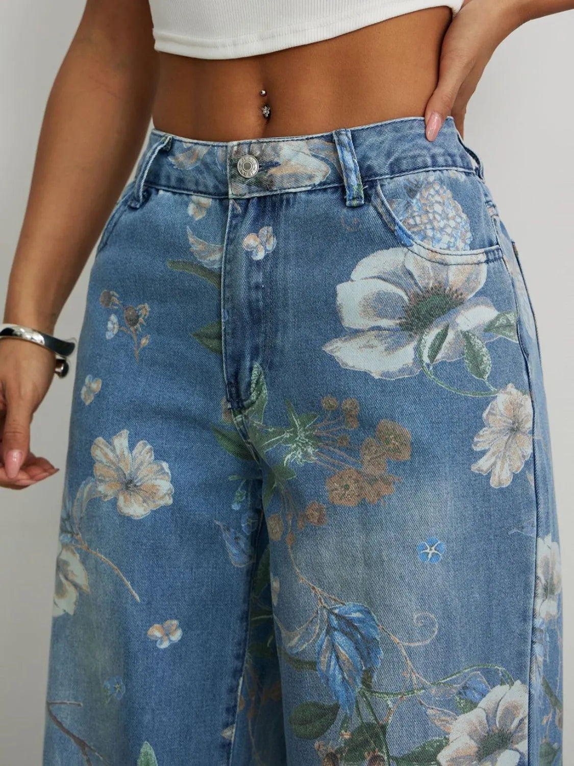 Light Blue Printed Wide Leg Jeans - Tigbul's Variety Fashion Shop