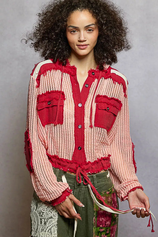 POL Texture Woven Button Down Hooded Shirt with Drawstring Hem - Tigbul's Variety Fashion Shop