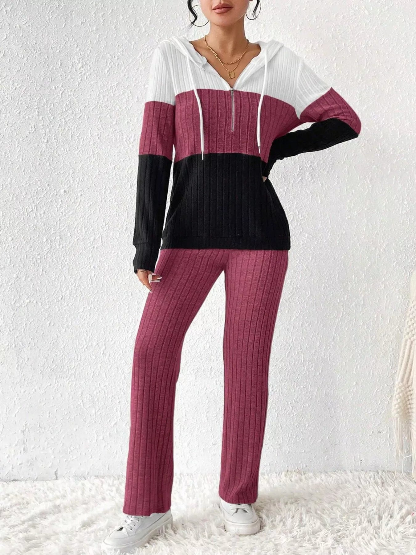 Color Block Half Zip Hooded Top and Pants Set - Tigbul's Variety Fashion Shop