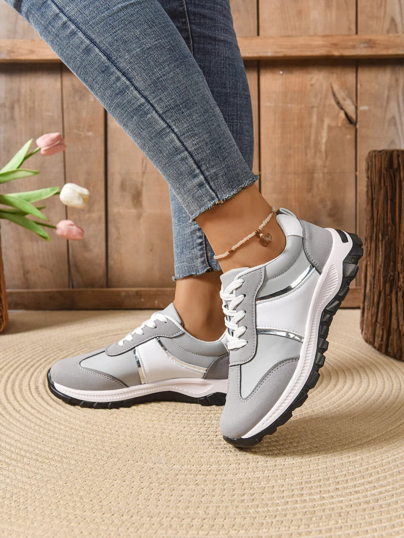 Contrast Lace Up Sneakers - Tigbul's Variety Fashion Shop
