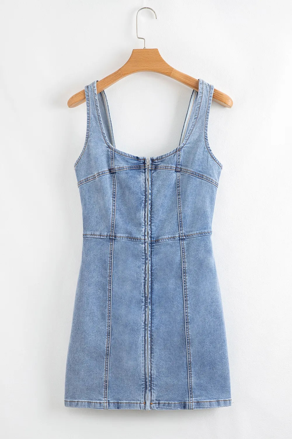 Light Blue Square Neck Wide Strap Denim Dress - Tigbul's Variety Fashion Shop