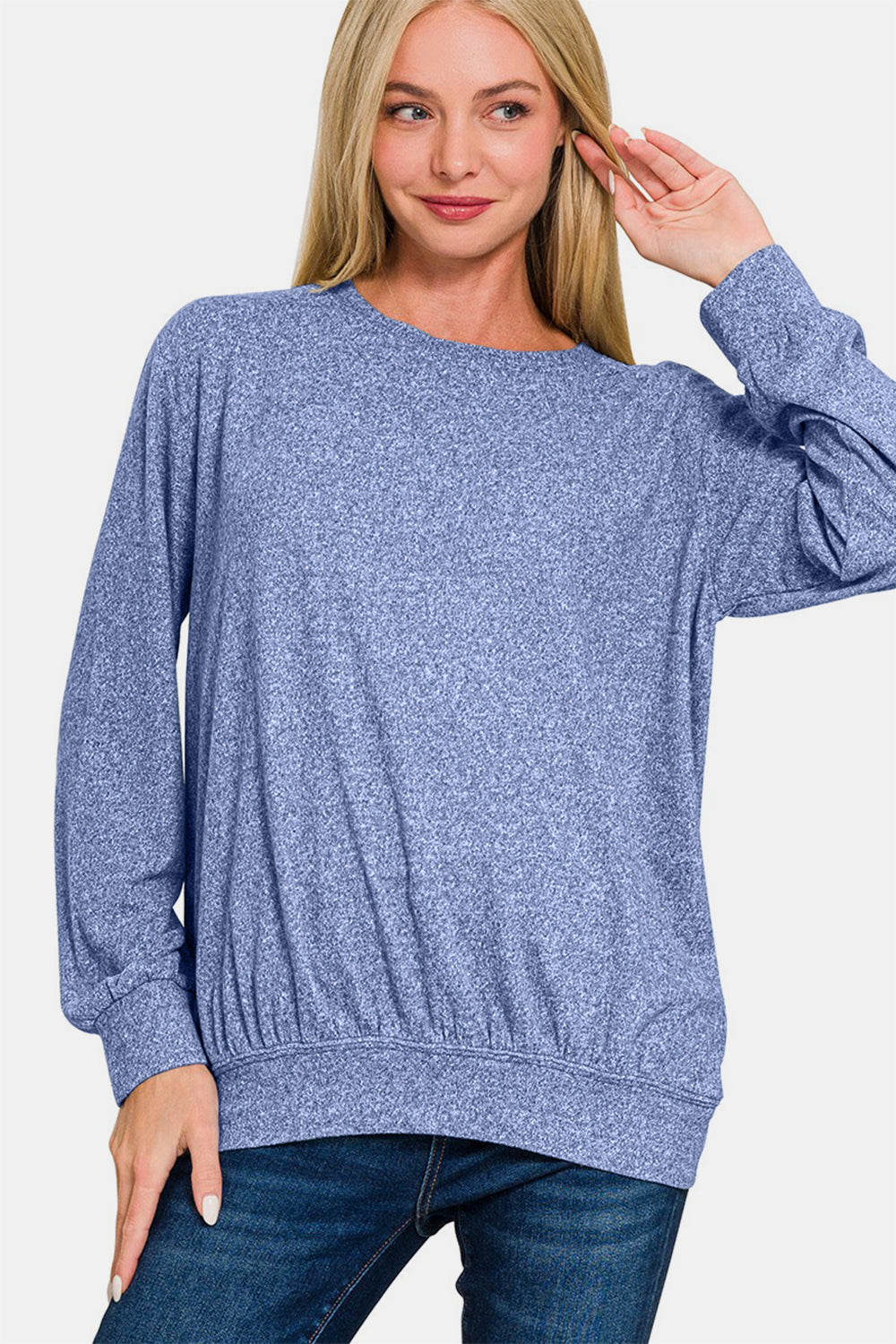 Light Navy Melange Round Neck Top - Tigbul's Variety Fashion Shop