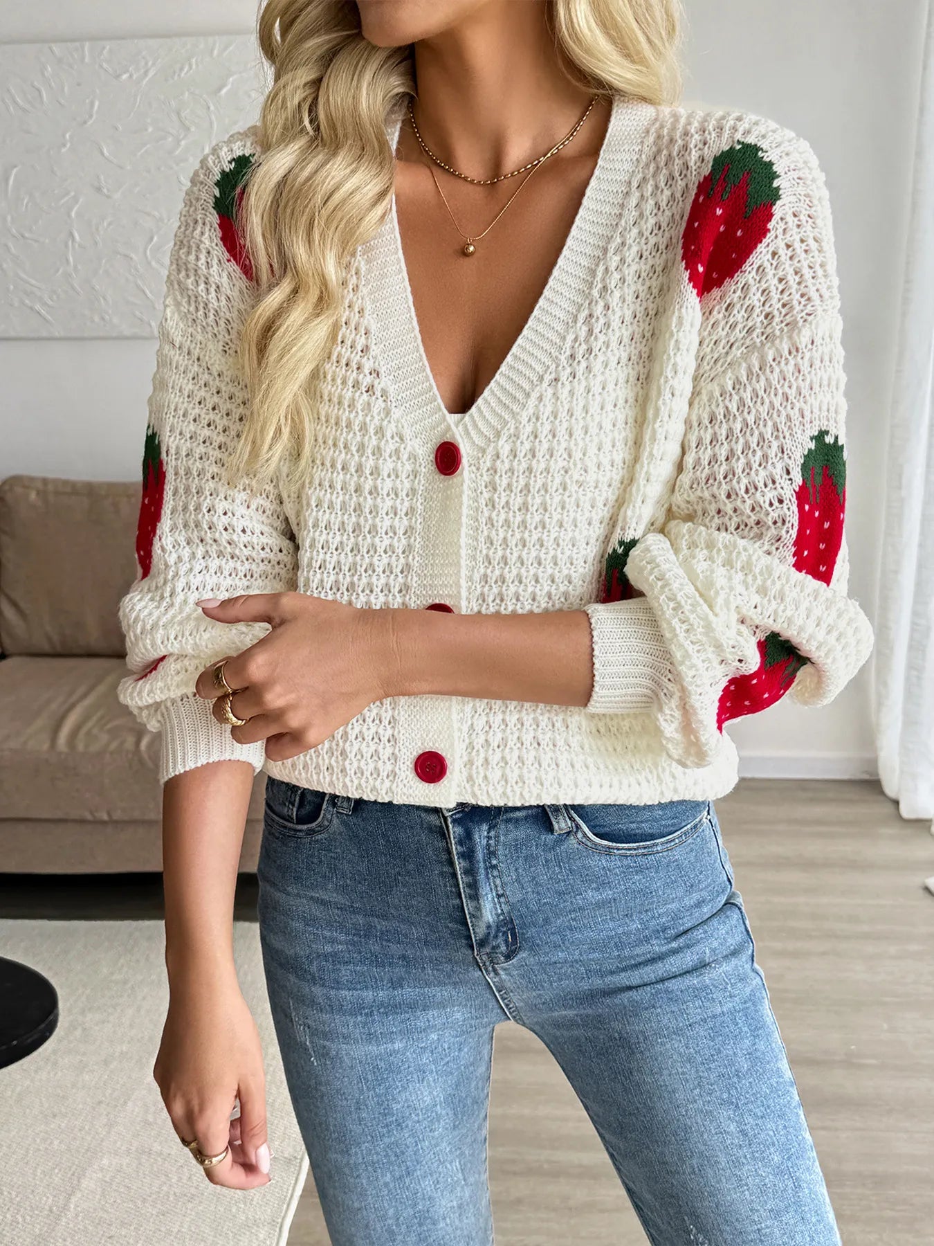 Strawberry Pattern V-Neck Button-Up Cardigan - Tigbul's Variety Fashion Shop