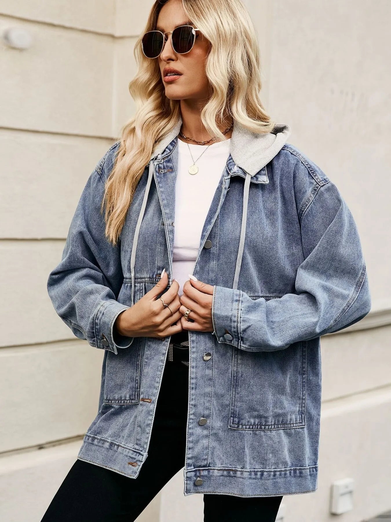 Oversized Button Up Denim Jacket with Hood - Tigbul's Variety Fashion Shop