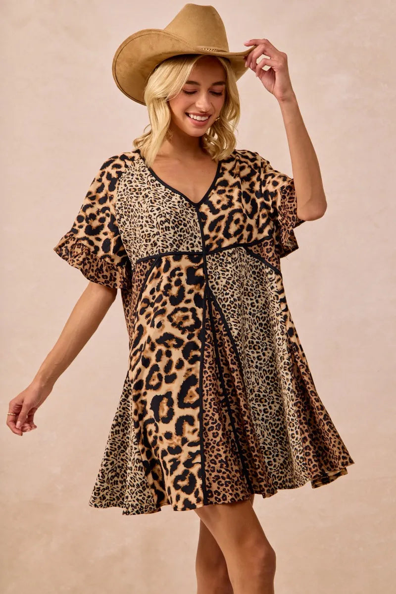 BiBi Leopard Prints Mix and Match Short Sleeves Dress - Tigbul's Variety Fashion Shop