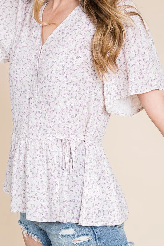 Ditsy Print V-Neck Short Sleeve Wrap Blouse - Tigbul's Variety Fashion Shop