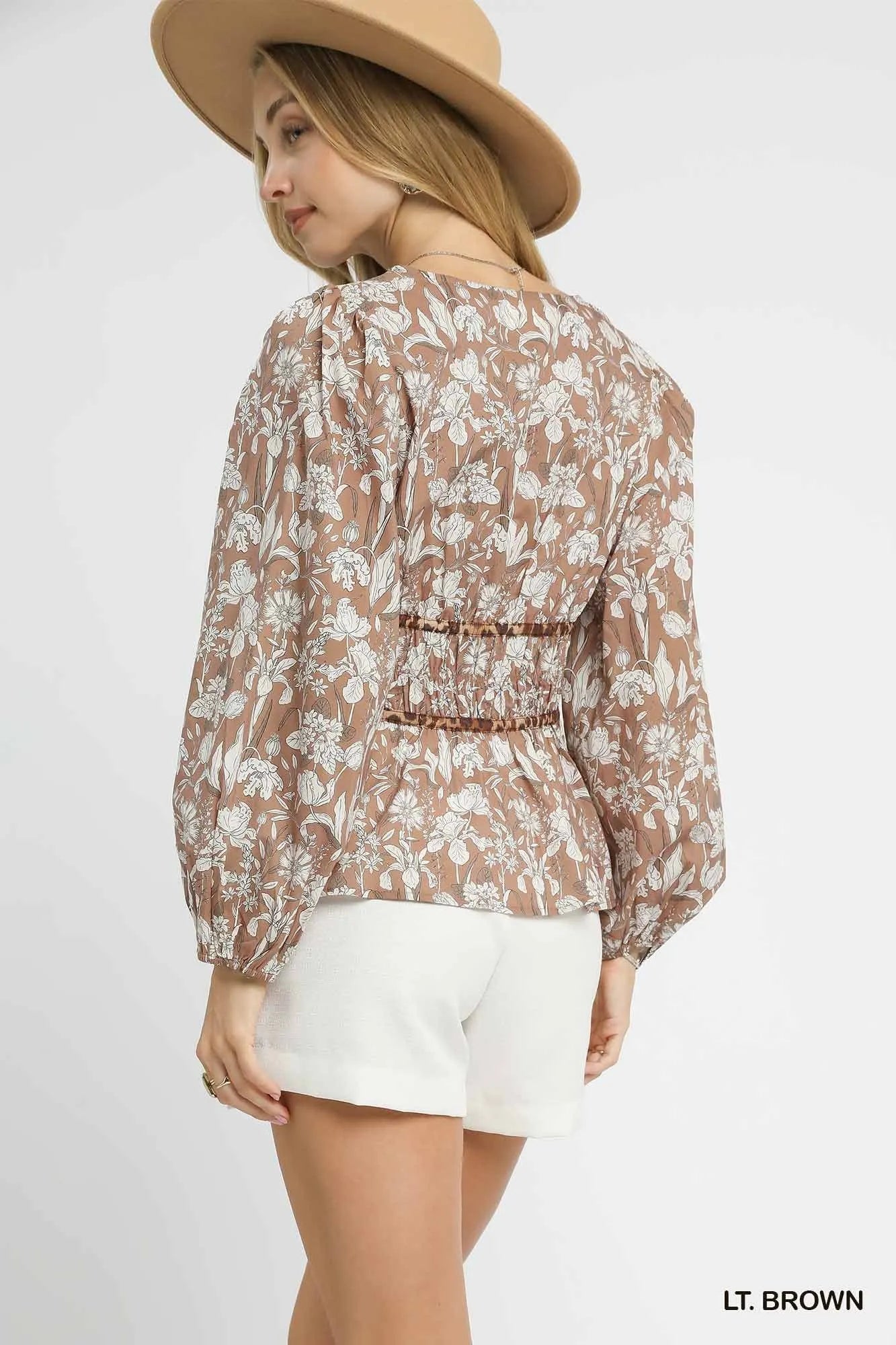 Umgee Floral Smocked Peplum Blouse with Tie Detail - Tigbul's Variety Fashion Shop