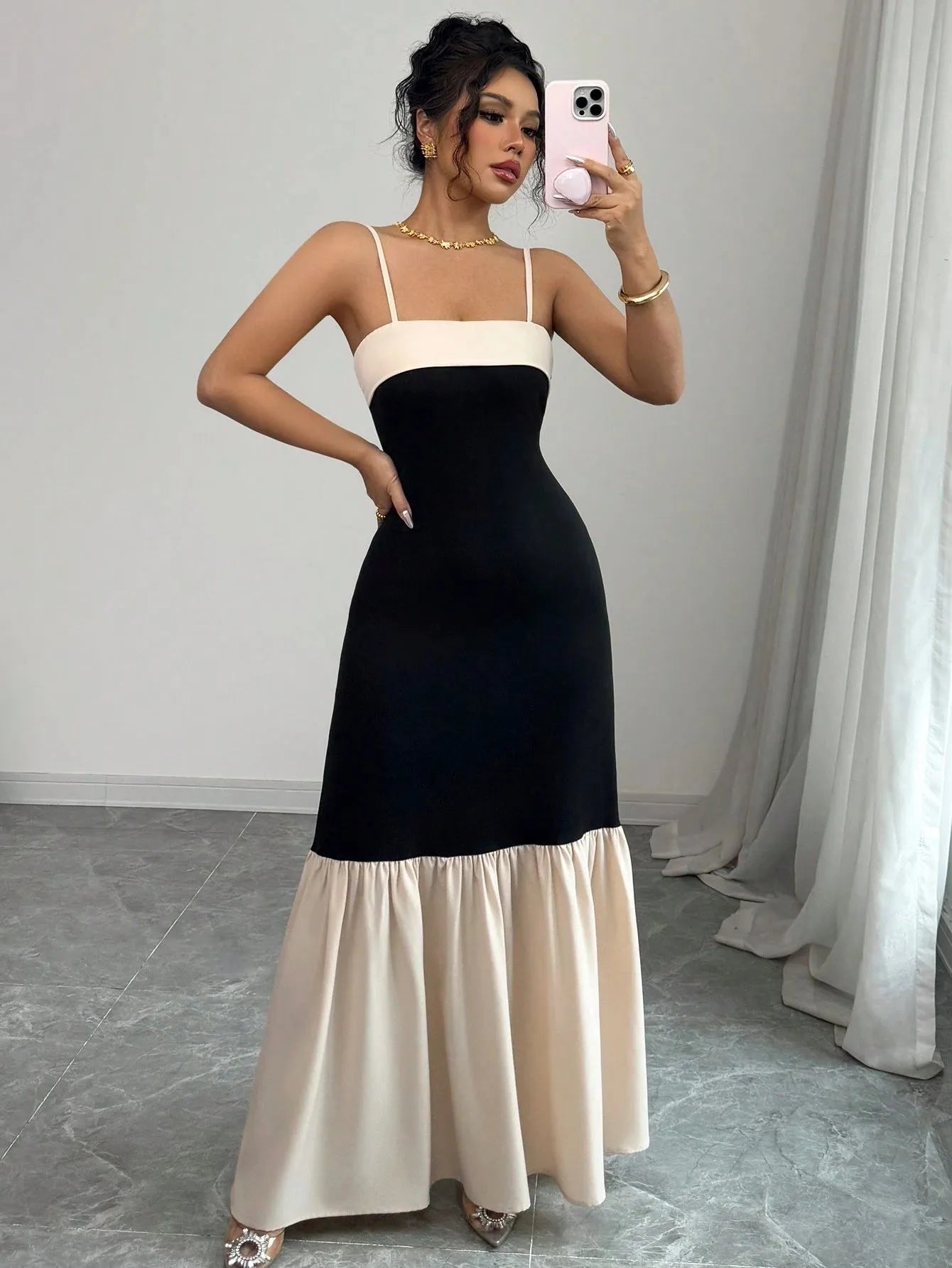 Two-Tone Spaghetti Strap Maxi Dress - Tigbul's Variety Fashion Shop