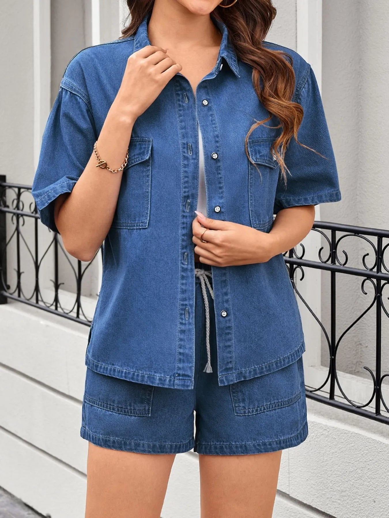 Casual Drop Shoulder Denim Shirt & Shorts Set - Tigbul's Variety Fashion Shop
