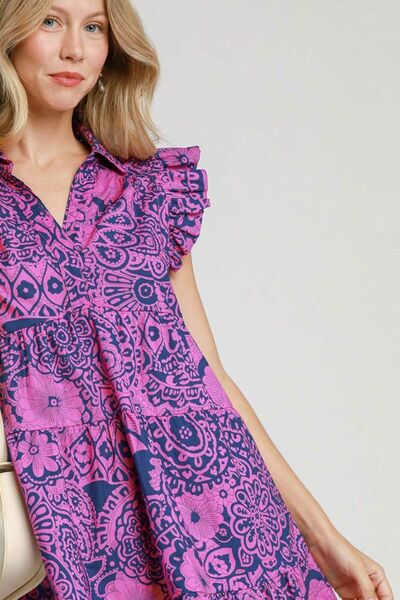 Navy/Pink Printed Ruffle Cap Sleeve Babydoll Dress - Tigbul's Variety Fashion Shop